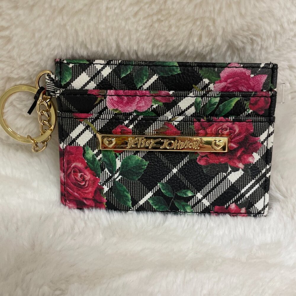 Betsy Johnson Blk/Wht Plaid w/Red Roses Dog Face Mini Backpack w/Card Case - Picture 12 of 13